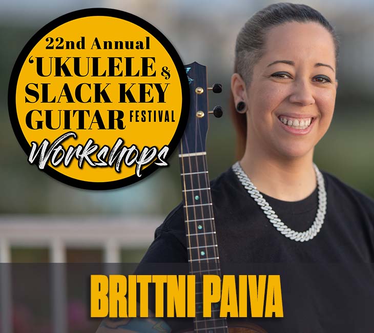 Person smiling while holding a ukulele, with text promoting the 22nd Annual 'Ukulele & Slack Key Guitar Festival Workshops.