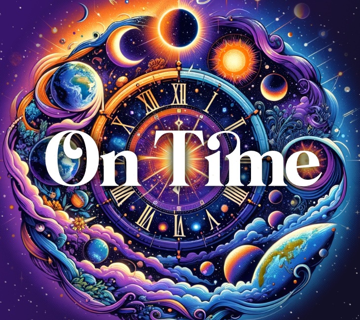 A vibrant illustration featuring celestial bodies, a clock face, and the phrase "on time" in a cosmic setting.