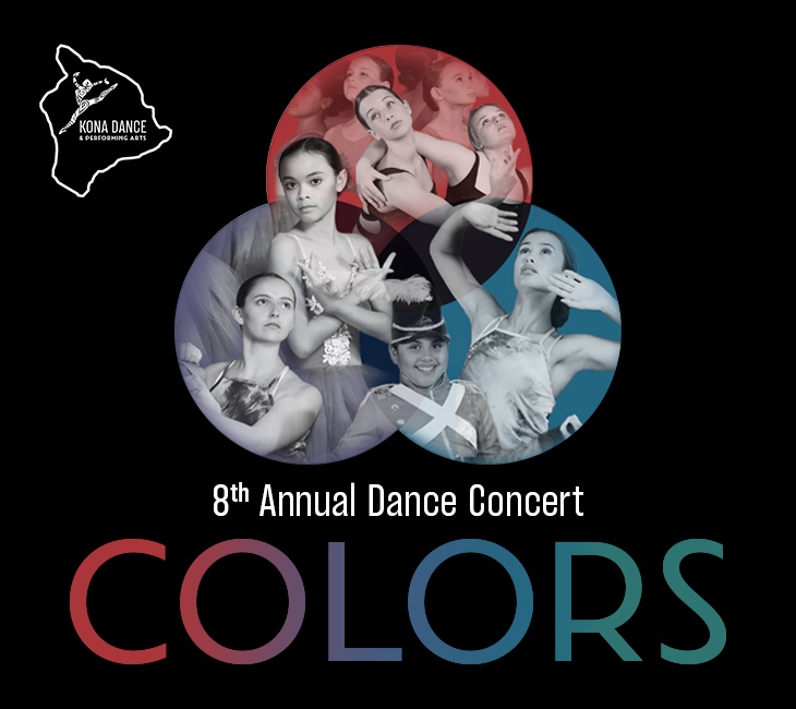 Promotional poster for kona dance company's 8th annual dance concert titled "colors," featuring black and white images of various dancers in a circular layout.
