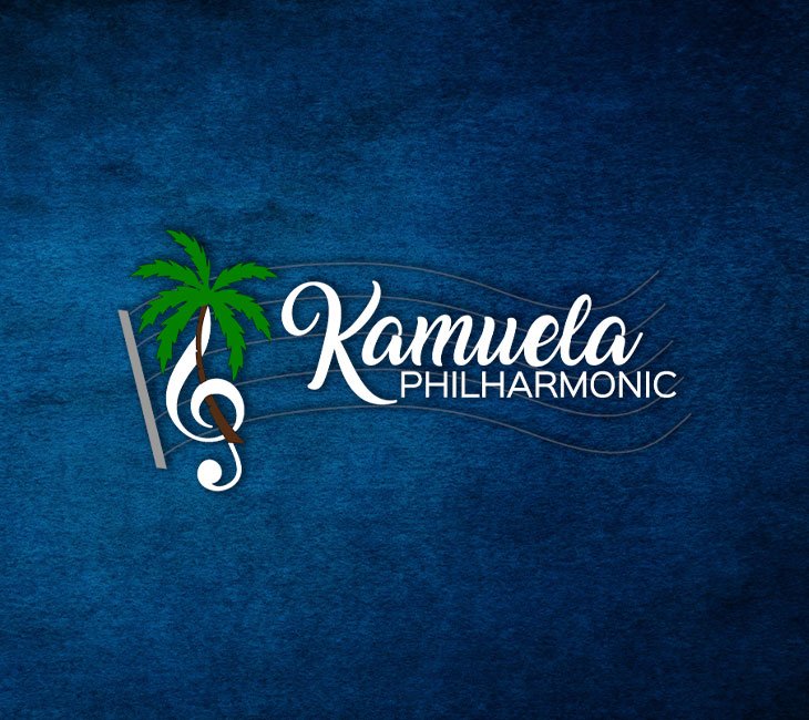 Logo for Kamuela Philharmonic featuring a musical note integrated with a palm tree on a blue textured background.