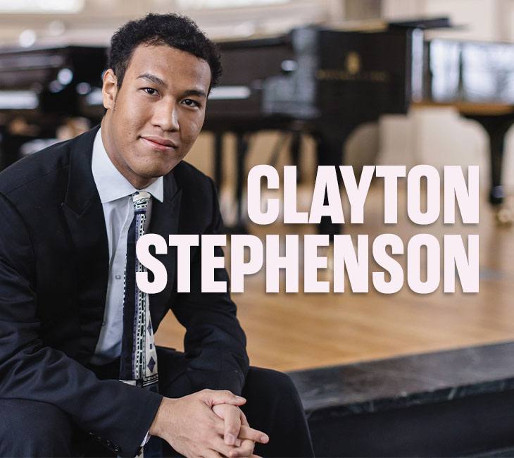 A man in a black suit sits in front of a piano with the text "CLAYTON STEPHENSON" overlaid on the image.