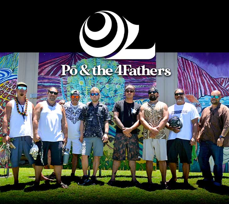 Eight men standing in front of a colorful mural, posing for a group photo. The text "Pō & the 4Fathers" is displayed at the top center above the group.