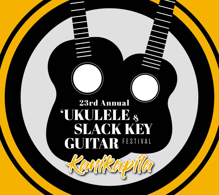 Image of two guitars with the text "23rd Annual 'Ukulele & Slack Key Guitar Festival Kanikapila" in the center. The design is in black, white, and yellow.