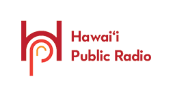 Logo of Hawaii Public Radio featuring stylized red letters and an abstract sunrise graphic.