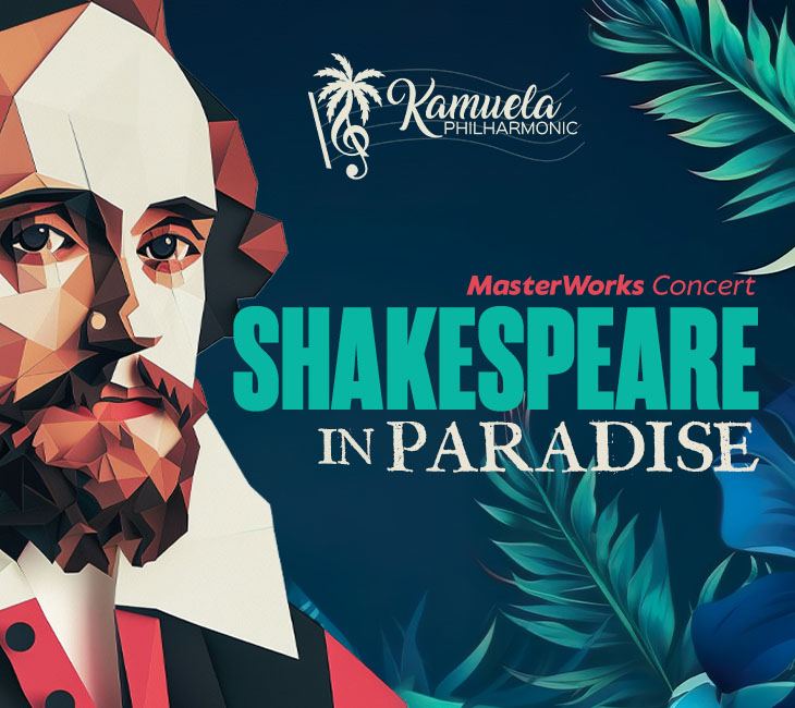 Geometric illustration of Shakespeare on a poster for "Shakespeare in Paradise" concert by Kamuela Philharmonic, with tropical plants in the background.