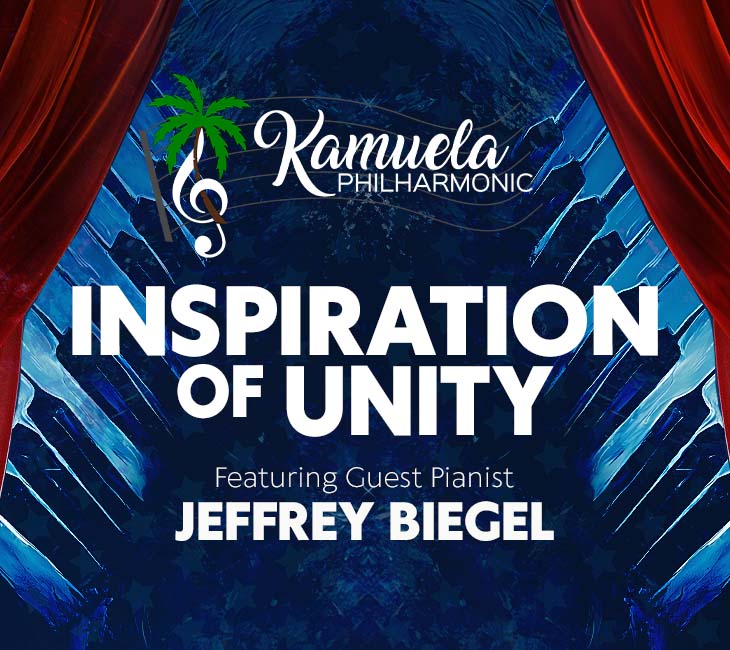 Text reads: "Kamuela Philharmonic Inspiration of Unity Featuring Guest Pianist Jeffrey Biegel." Background has red curtains and blue abstract patterns.