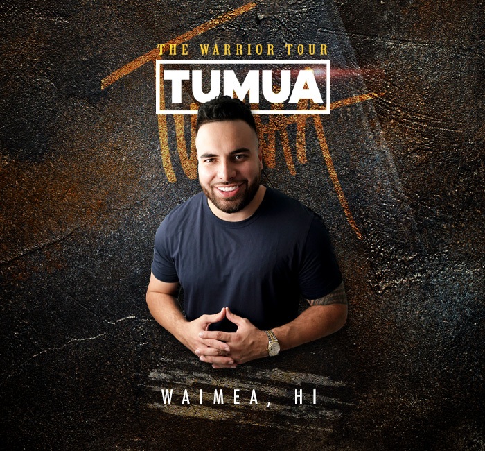 A man in a dark shirt stands against a textured background with text "The Warrior Tour, Tumua, Waimea, HI" above and below him.