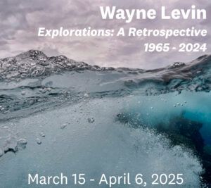 Underwater scene with waves; text reads "Wayne Levin: Explorations - A Retrospective 1965 - 2024" and "March 15 - April 6, 2025".