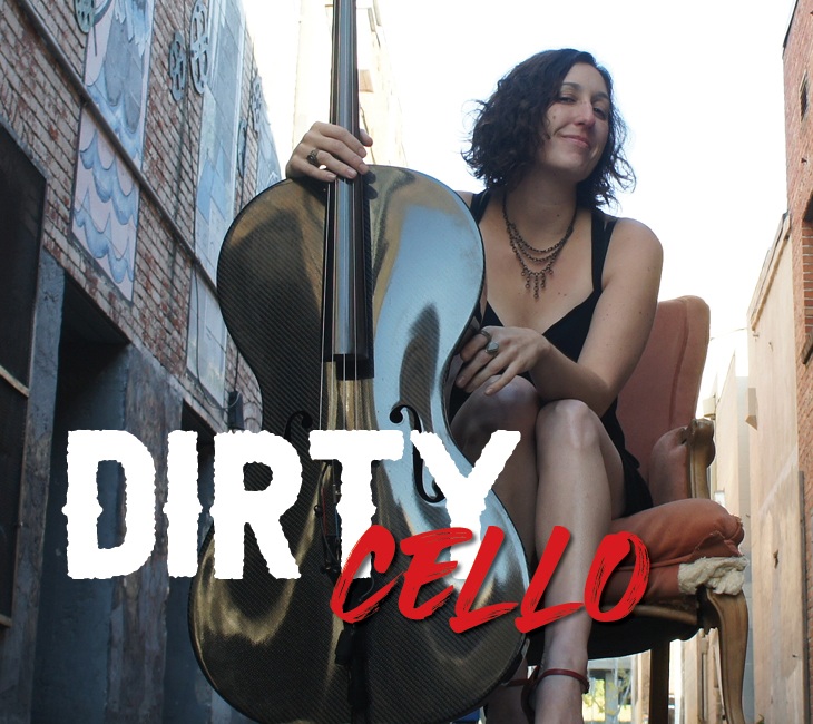 A person sitting on a chair in an alley holds a cello. Text reads "Dirty Cello.