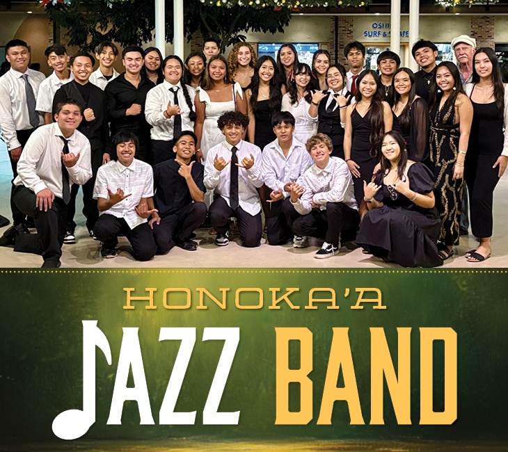 A group of people, dressed in black and white attire, pose together, some giving hand gestures. Below, text reads "Honoka'a Jazz Band.