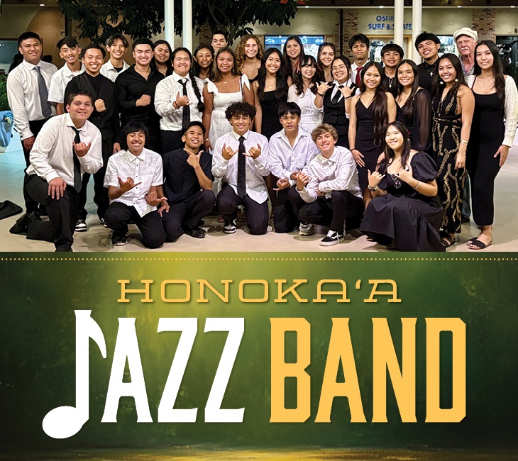 Group photo of the Honoka'a Jazz Band, featuring individuals in formal attire, some with instruments, standing and smiling in front of a backdrop with a small audience.