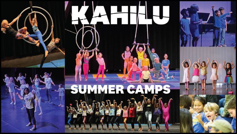 Collage of children participating in various activities at Kahilu summer camps, including dancing, aerial hoops, and singing. These vibrant scenes capture the joy and creativity nurtured in our classes and workshops.