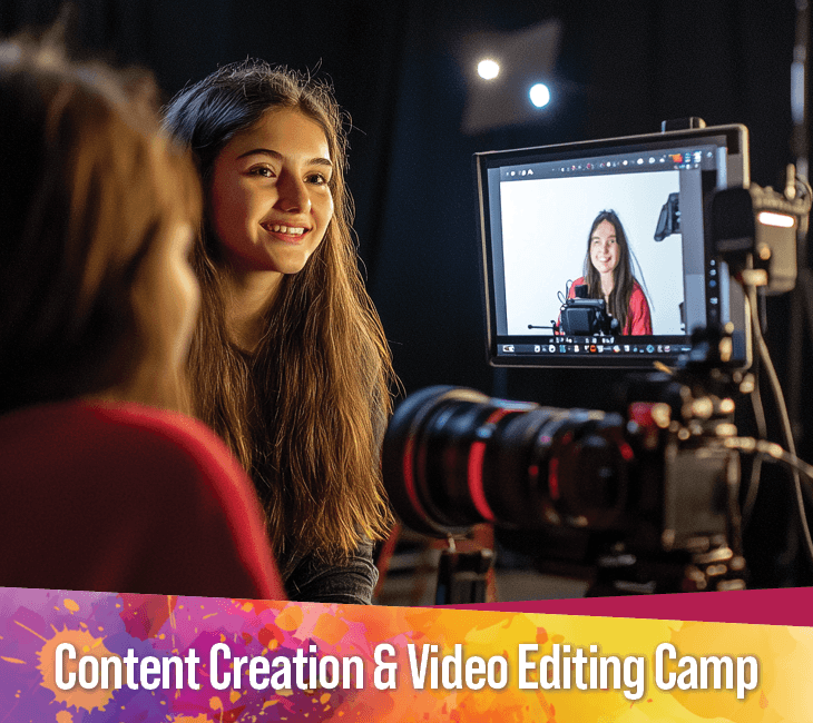 A teenage girl smiles while being filmed in a studio, with a camera and monitor displaying her image. Text reads: “Content Creation & Video Editing Camp.”.