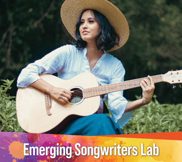 A woman wearing a straw hat plays an acoustic guitar outdoors, with the text "Emerging Songwriters Lab" displayed at the bottom of the image.