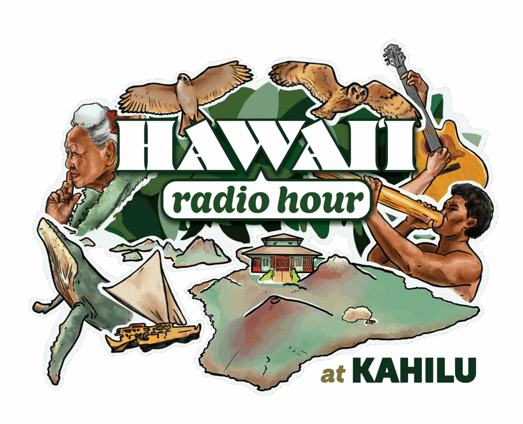 Illustration featuring "Hawaii Radio Hour" text with images of people, wildlife, a volcano, a canoe, and a house superimposed on a map of Hawaii.