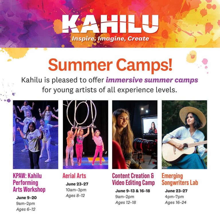 Summer camps flyer for young artists featuring KPAW arts workshop, aerial arts, content creation and video editing camp, and emerging songwriters lab, with dates, times, and age ranges.