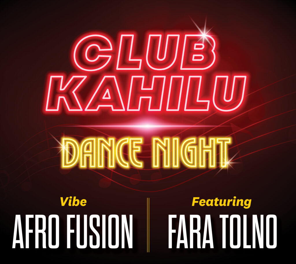 Neon text reads "Club Kahilu Dance Night." Below, it says "Vibe Afro Fusion | Featuring Fara Tolno" on a dark background with faint music notes.