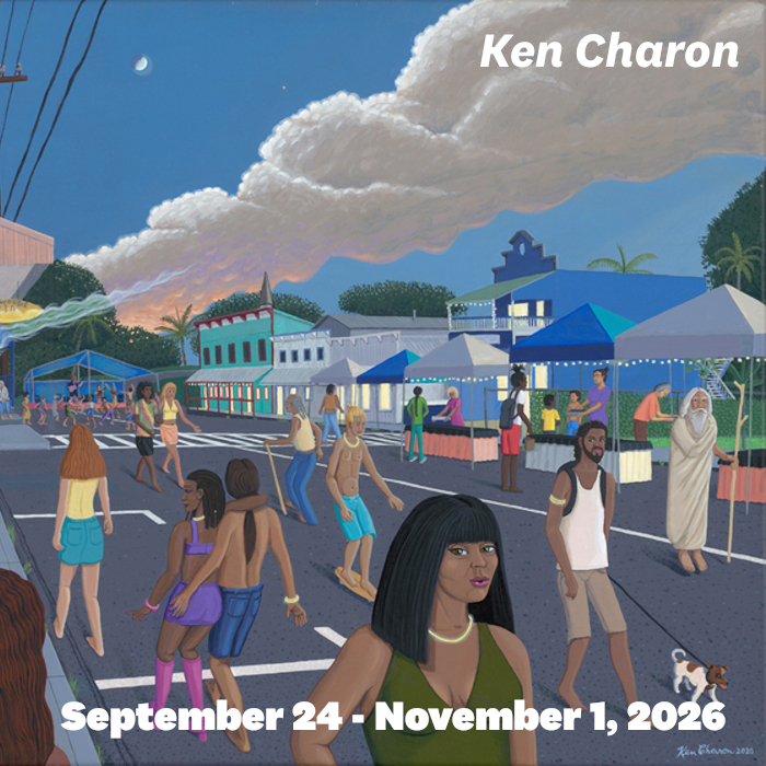 A lively street festival scene with diverse people walking and dancing, tents and galleries lining the road, and colorful buildings in the background; text displays dates and artist name Ken Charon.