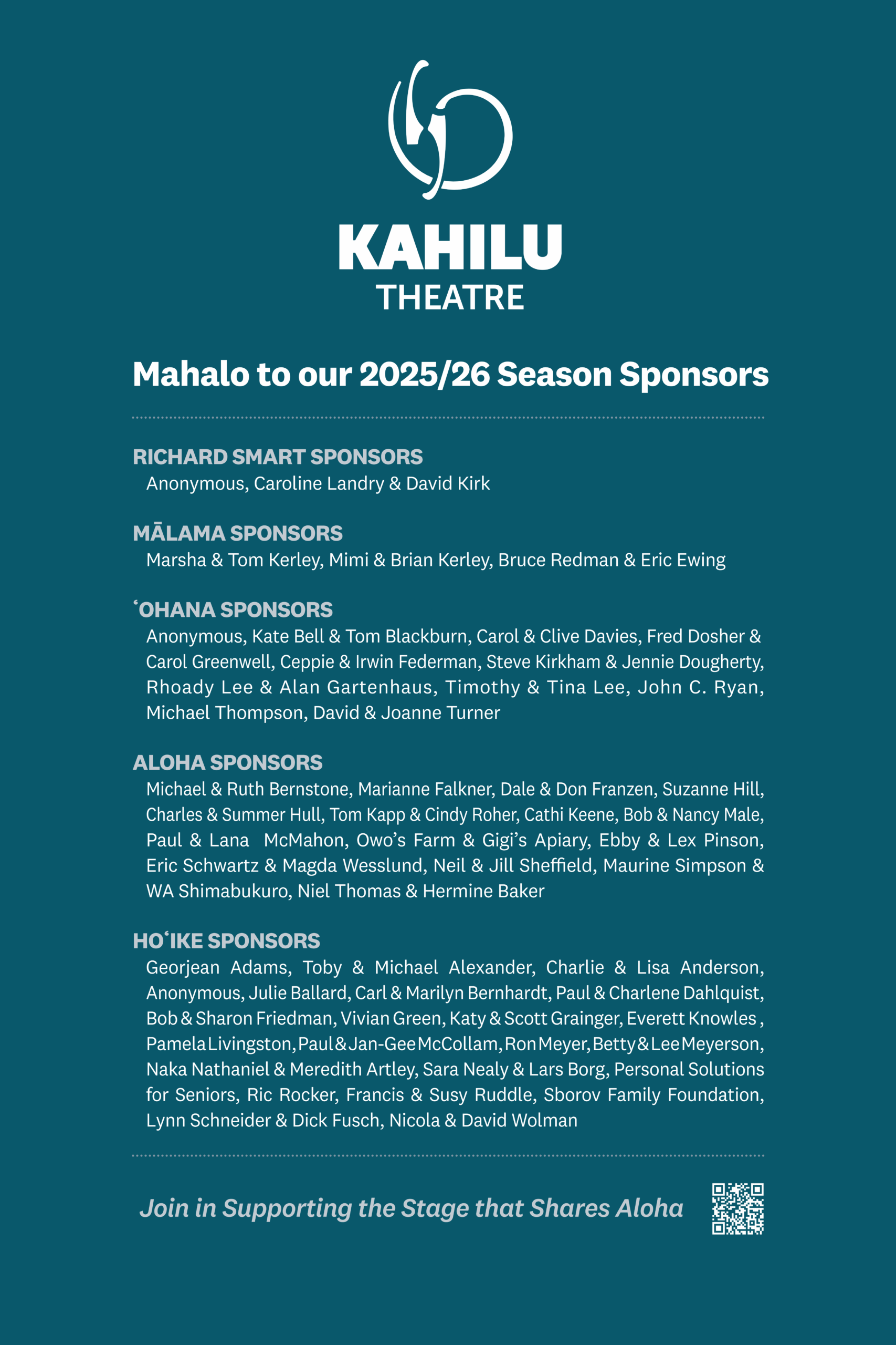 A teal poster listing Kahilu Theatre’s 2025/26 season sponsors, grouped by sponsor level, with a heartfelt thank you message to each sponsor at the top.