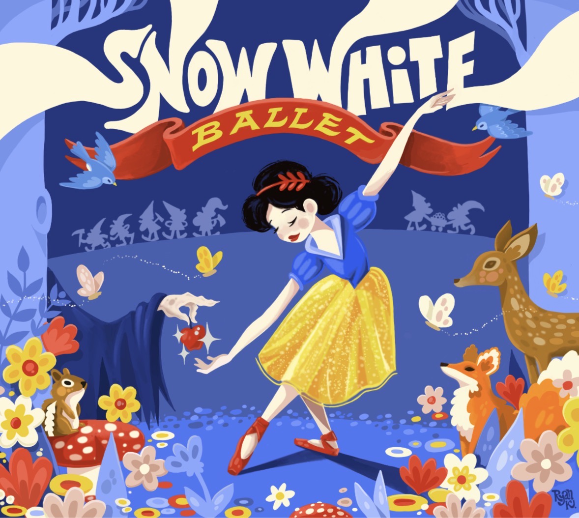 Illustration of Snow White dancing ballet, surrounded by woodland animals, with an outstretched hand offering her an apple; "Snow White Ballet" written above.