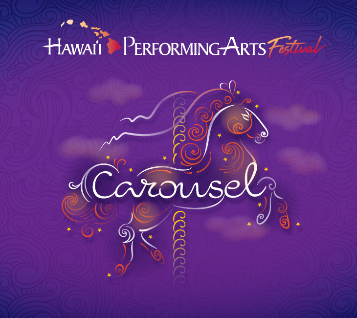Purple poster for the Hawaii Performing Arts Festival featuring a stylized carousel horse outline and the word "Carousel" in script font.