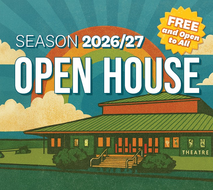 Illustration of a theater with a rainbow and clouds in the background, promoting a 2026/27 season open house. Text states "Free and Open to All.