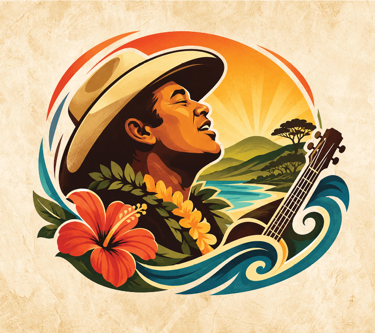 Illustration of a person in a hat singing with a ukulele, surrounded by tropical flowers, greenery, waves, and a sunlit landscape.