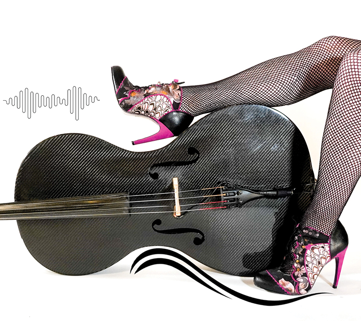 A person wearing fishnet stockings and floral high heels rests their legs on a black cello, with a sound wave graphic in the background.