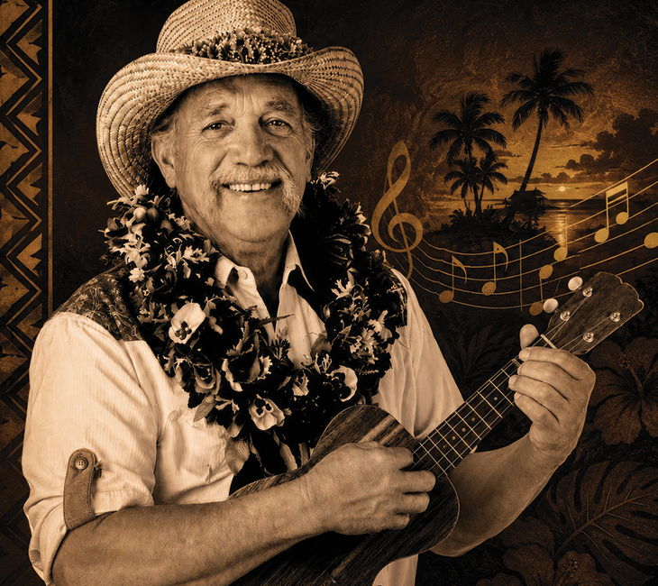 Older man wearing a straw hat and leis plays a ukulele, smiling, with a tropical sunset and musical notes in the background. Sepia-toned image.