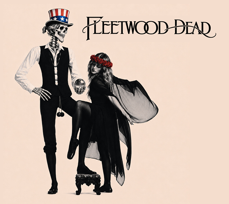 A skeleton in a suit and Uncle Sam hat stands next to a woman in a black dress and flower crown under text reading “Fleetwood Dead.”.
