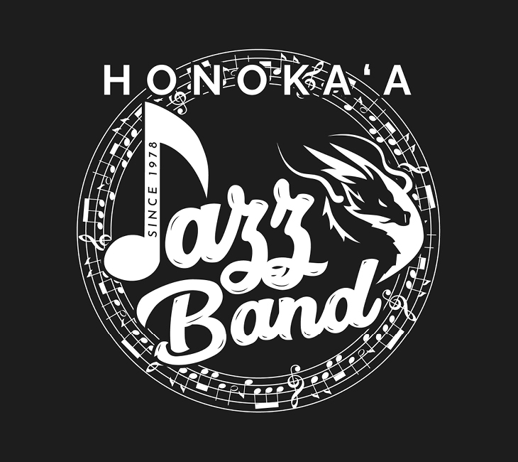 Logo reading “Honoka’a Jazz Band Since 1978,” with musical notes in a circular pattern and a stylized dragon graphic on a black background.