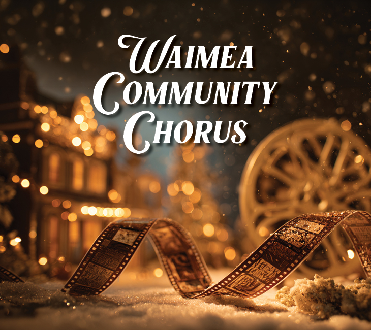 A film strip lies in snow with blurred lights and a wagon wheel in the background. Text reads “Waimea Community Chorus.”.