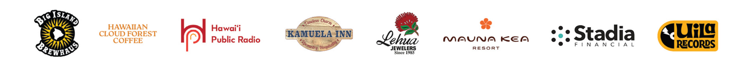 A row of seven different business logos, including Hawaiian Cloud Forest Coffee, Hawaii Public Radio, and Mauna Kea Resort, displayed on a white background.