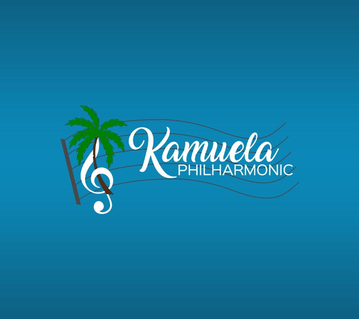 Logo for Kamuela Philharmonic featuring a palm tree, a treble clef, and music staff lines on a blue gradient background.