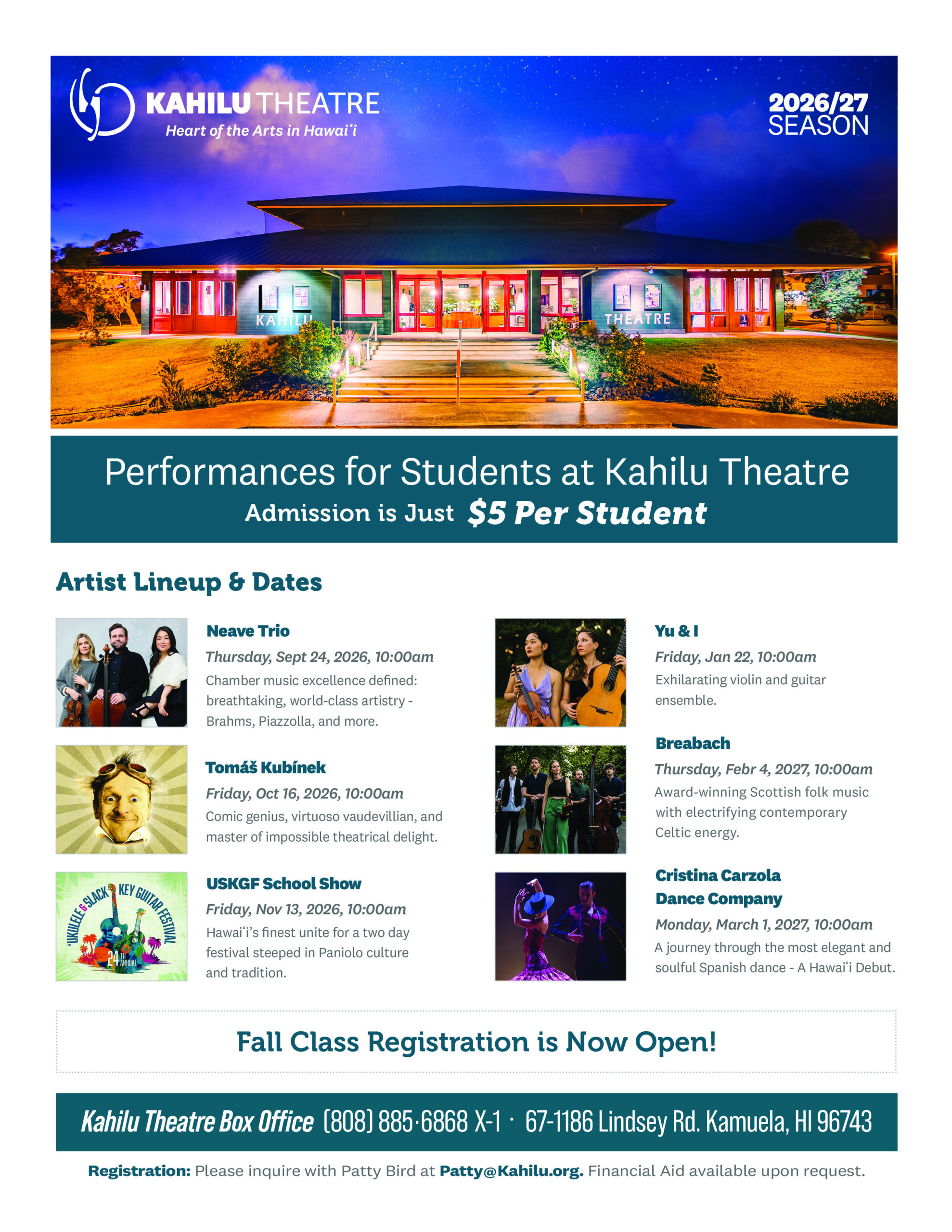 Flyer for Kahilu Theatre’s 2026/27 student performances, listing dates, acts, and ticket price of $5 per student; also includes box office contact details and a “Full Class Registration” notice.