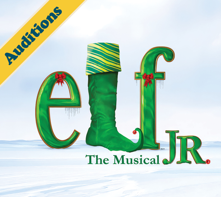 Audition poster for Elf The Musical Jr. featuring a green elf boot integrated into the title against a snowy background.