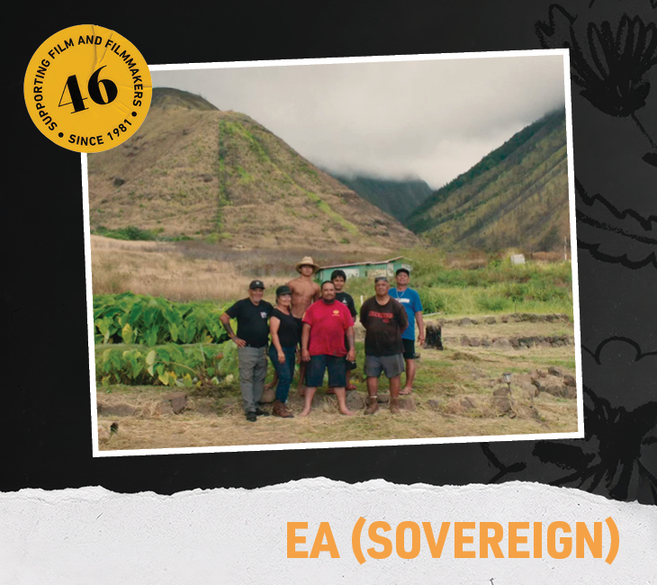 A group of six people standing in a field in front of a mountain, with a badge reading “46 Supporting Film and Filmmakers Since 1981” in the corner and the text “EA (SOVEREIGN)” below the image.