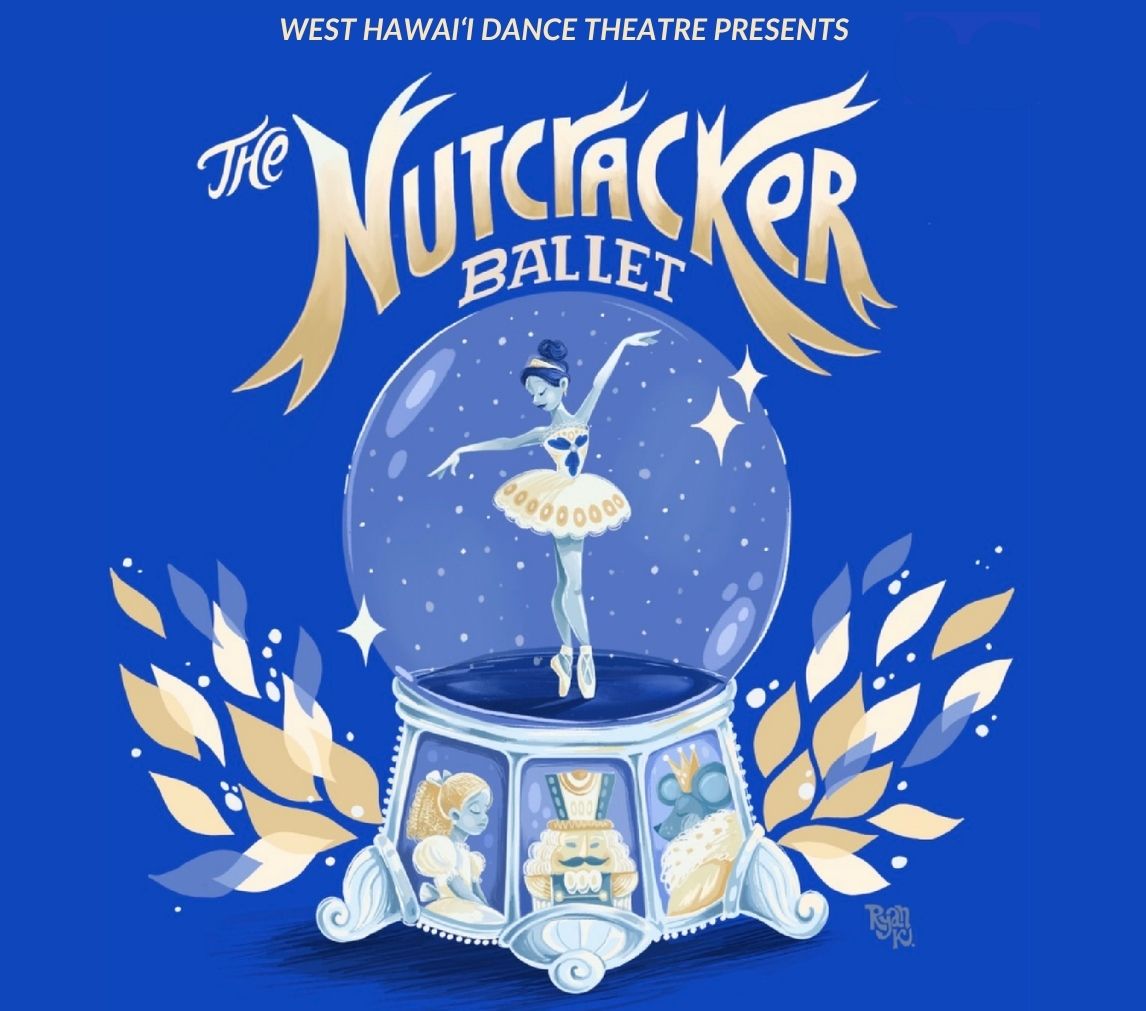 Poster for West Hawai‘i Dance Theatre’s production of The Nutcracker, featuring a ballerina inside a snow globe.