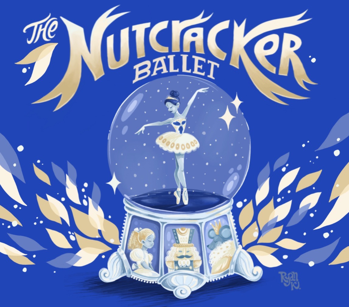 Illustration for The Nutcracker Ballet featuring a ballerina inside a snow globe on a blue background.