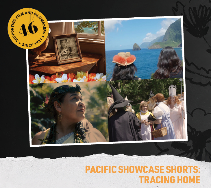 A collage of four film stills including a framed portrait, a coastal view, a woman looking up, and costumed characters, with a badge reading “Supporting Film and Filmmakers Since 1981.”