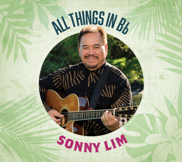 Sonny Lim playing an acoustic guitar, with the text “All Things in Bb” and “Sonny Lim” on a green palm leaf background.