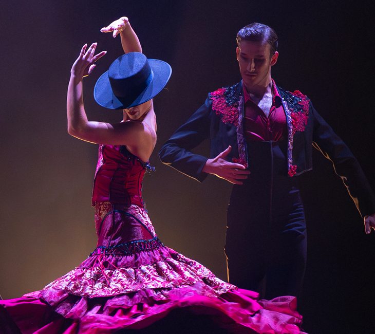 Two flamenco dancers in traditional attire perform on stage; the woman wears a ruffled red dress and hat, while the man sports a dark suit with red accents.