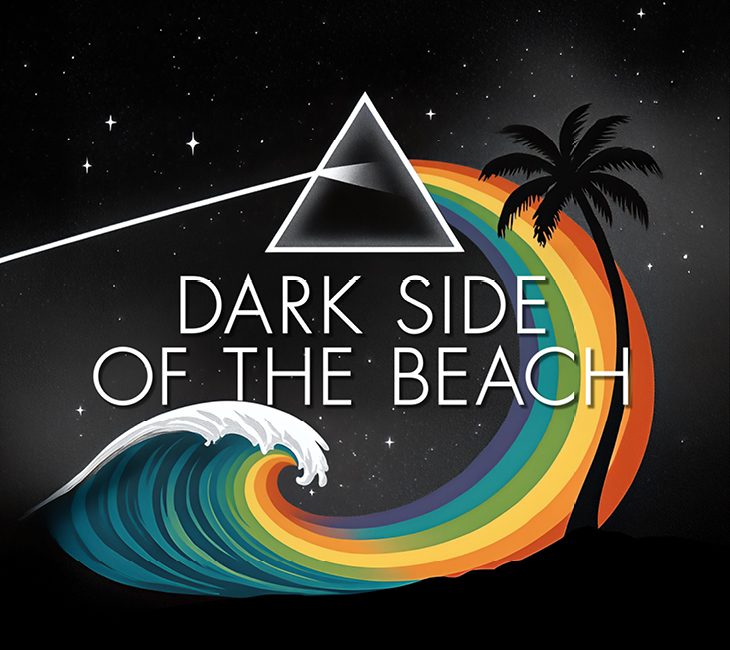 A prism with light splitting into a rainbow, a wave, palm tree silhouette, and the text “DARK SIDE OF THE BEACH” on a starry black background.