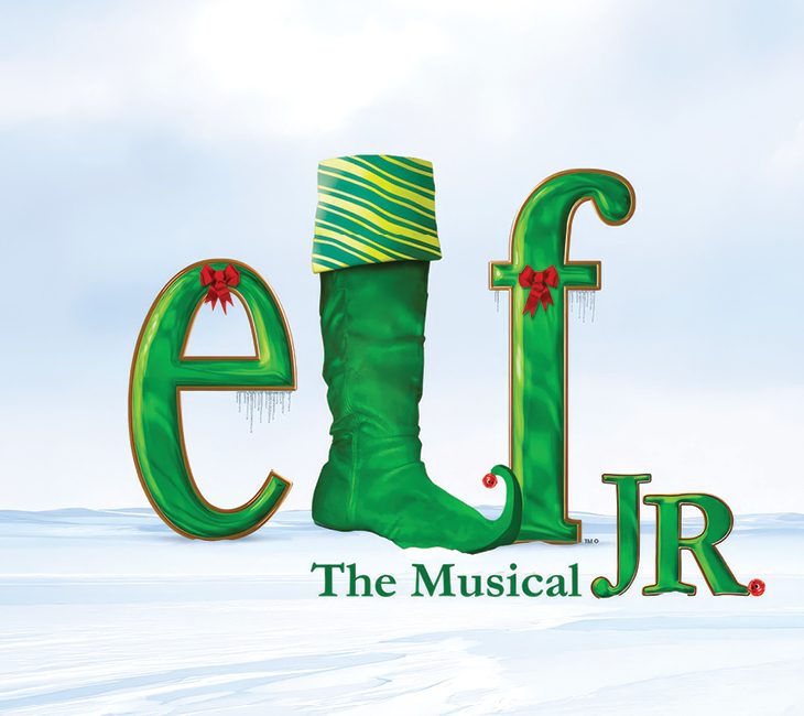 Logo for Elf The Musical Jr. featuring a green elf boot replacing the letter L in the word Elf.