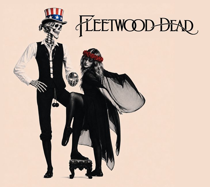 A skeleton in a suit and Uncle Sam hat stands next to a woman in a black dress and flower crown under text reading “Fleetwood Dead.”.