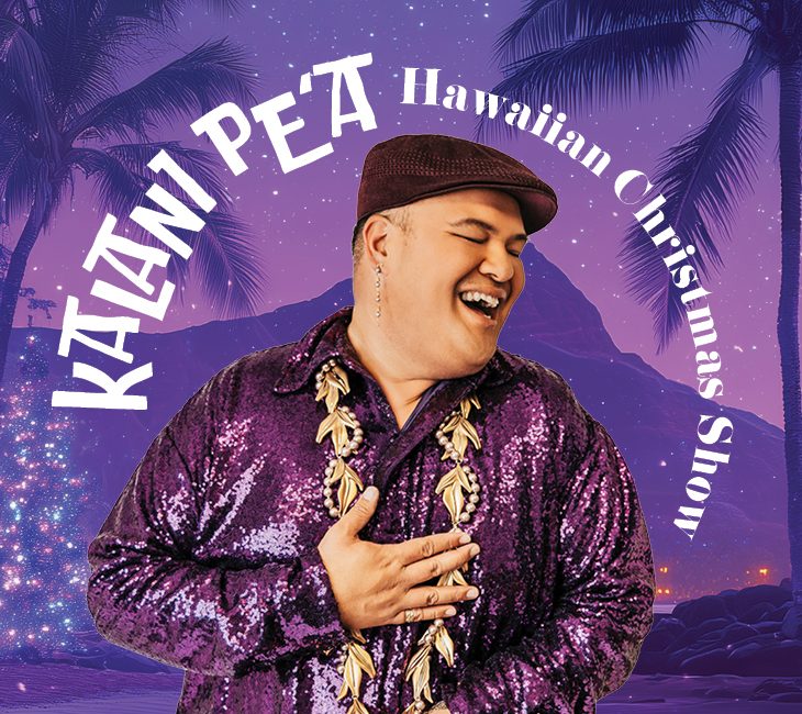 A person wearing a purple sequin shirt and a kukui nut lei stands smiling with one hand on their chest, in front of a tropical, Christmas-themed background with text about a Hawaiian Christmas show.