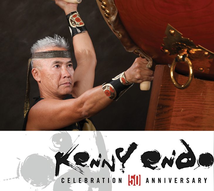A man plays a large drum, wearing a headband and wristbands. Text below reads "Kenny Endo Celebration 50th Anniversary.