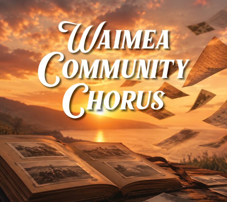 An open photo album and flying pages are set against a sunset by the sea, with “Waimea Community Chorus” in large white letters over the scene.