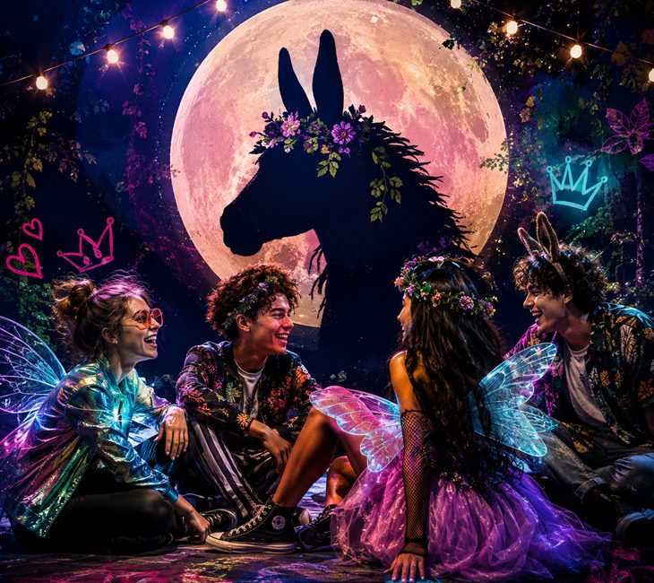 Four people in fairy costumes sit together at night with colorful wings, in front of a large moon and a donkey silhouette. Neon crown and heart doodles decorate the image.