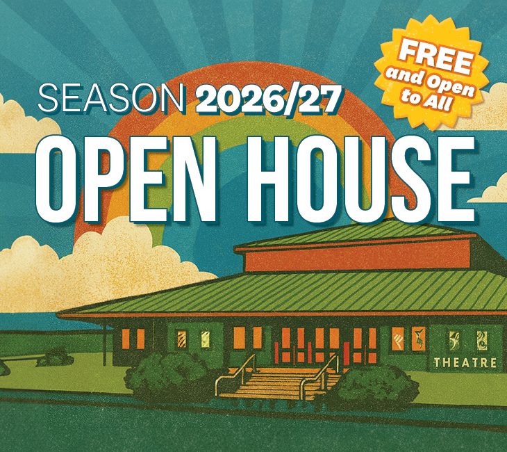 Illustration of a theater with a rainbow and clouds in the background, promoting a 2026/27 season open house. Text states "Free and Open to All.